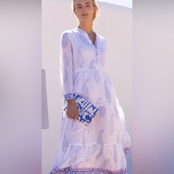 Oliphant Mandarin Aptos Blue White and Blue Paisley Maxi Dress Medium NWT NEW - Picture 2 of 5